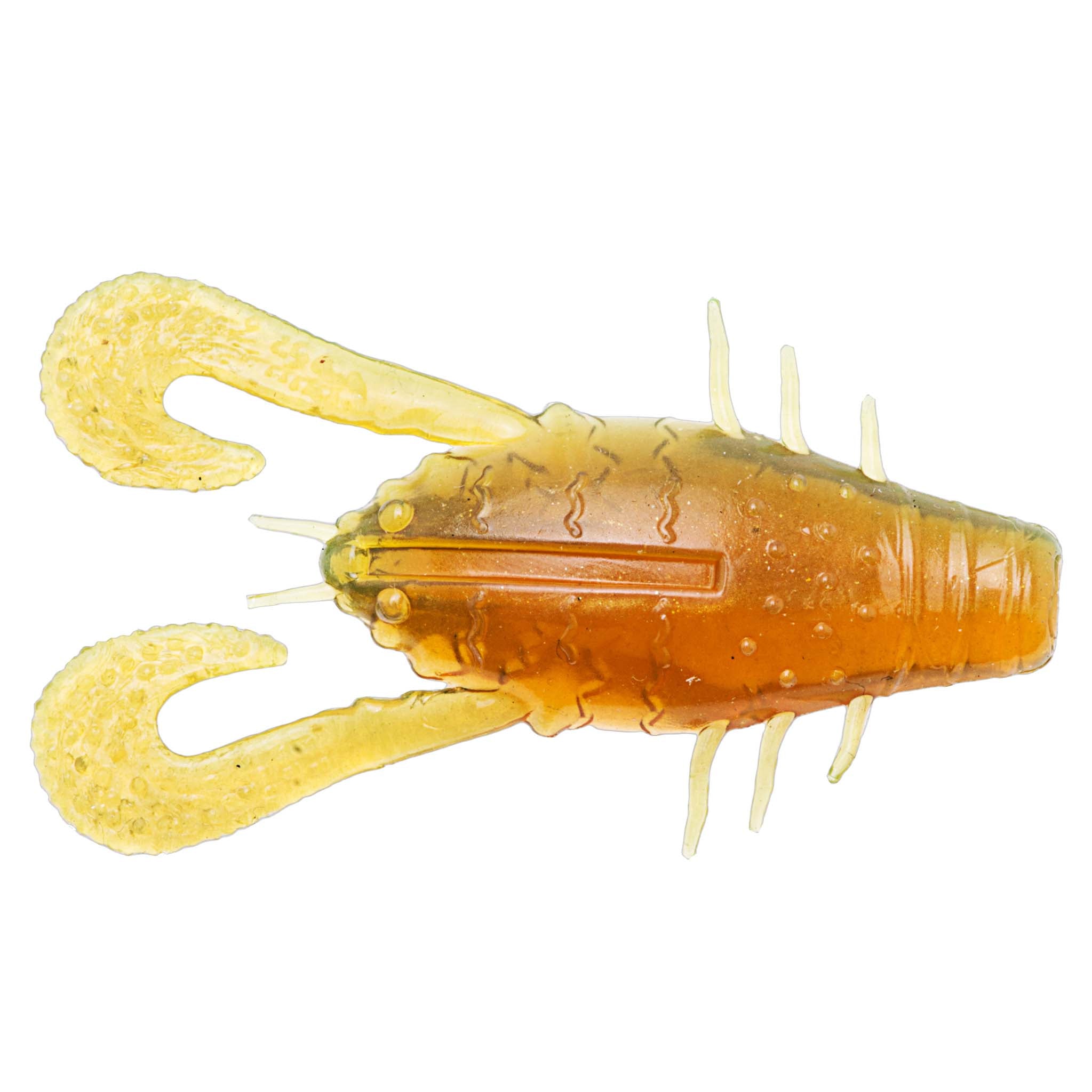 Amber translucent soft plastic prawn lure with long legs and segmented tail