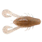 Speckled tan-orange soft plastic prawn lure with long legs and antennae