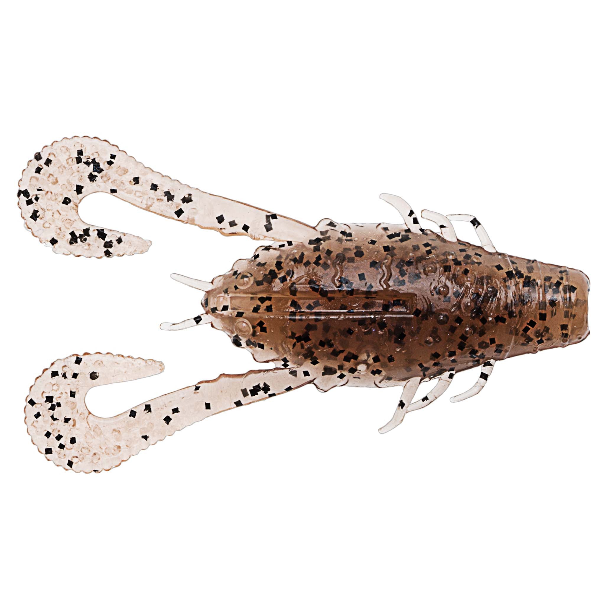 Translucent brown speckled soft plastic prawn lure with long legs and antennae