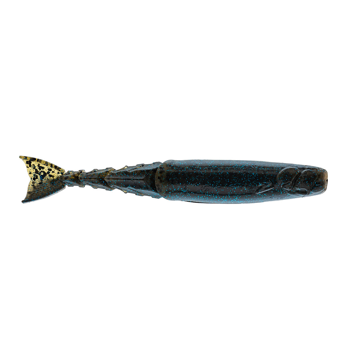 Blue-black fishing lure with gold-speckled tail and glitter body