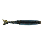 Dark blue speckled soft fishing lure with yellow tail and ribbed body