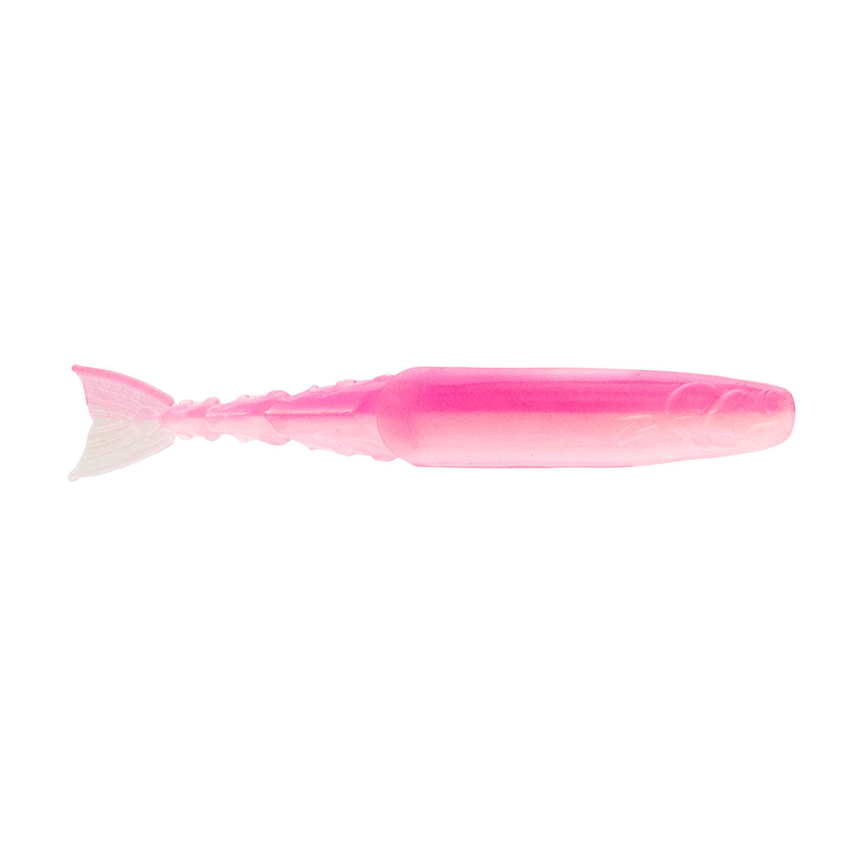 Pink translucent soft fishing lure with fin tail and segmented body