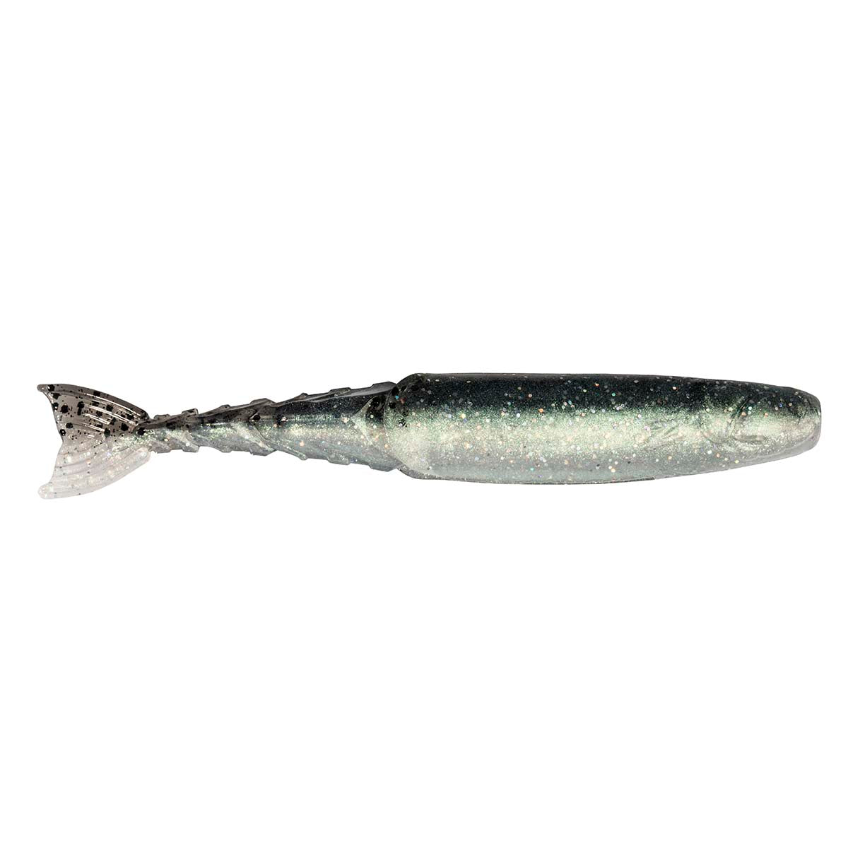 Gray-silver speckled minnow-style fishing lure with dark dorsal side and pale underside