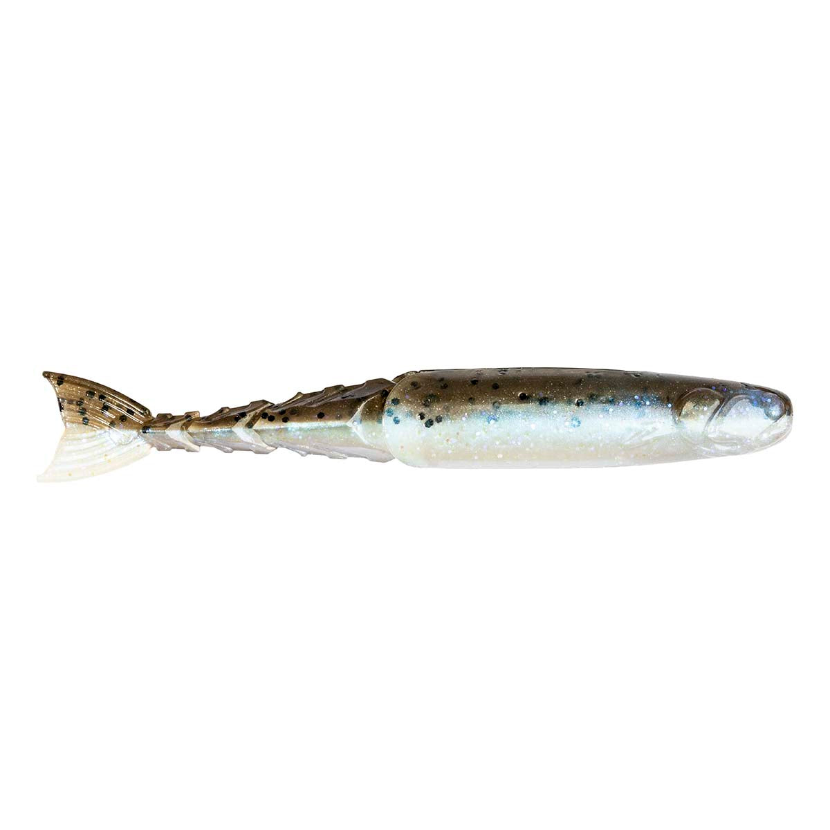 Blue-silver fishing lure with black speckles and small tail fins