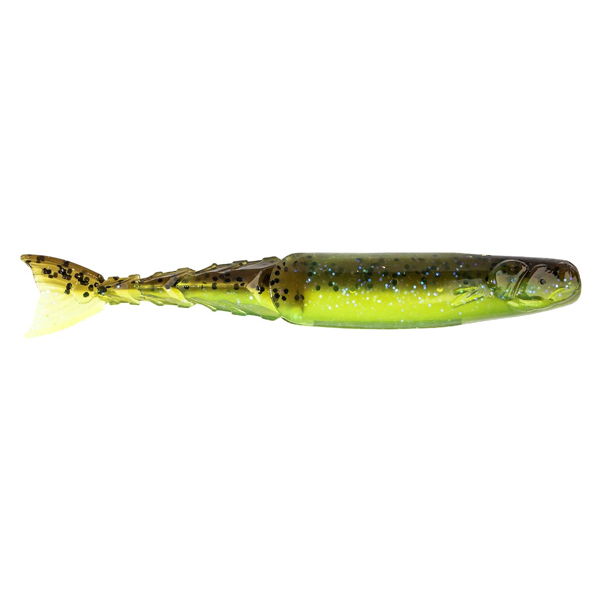 Green and yellow speckled fishing lure with dark dorsal markings and fin tail