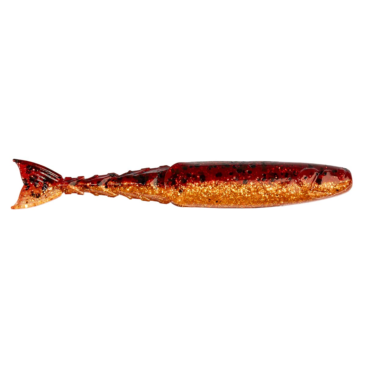Red and orange glitter fishing lure with darker speckles and pointed fin tail