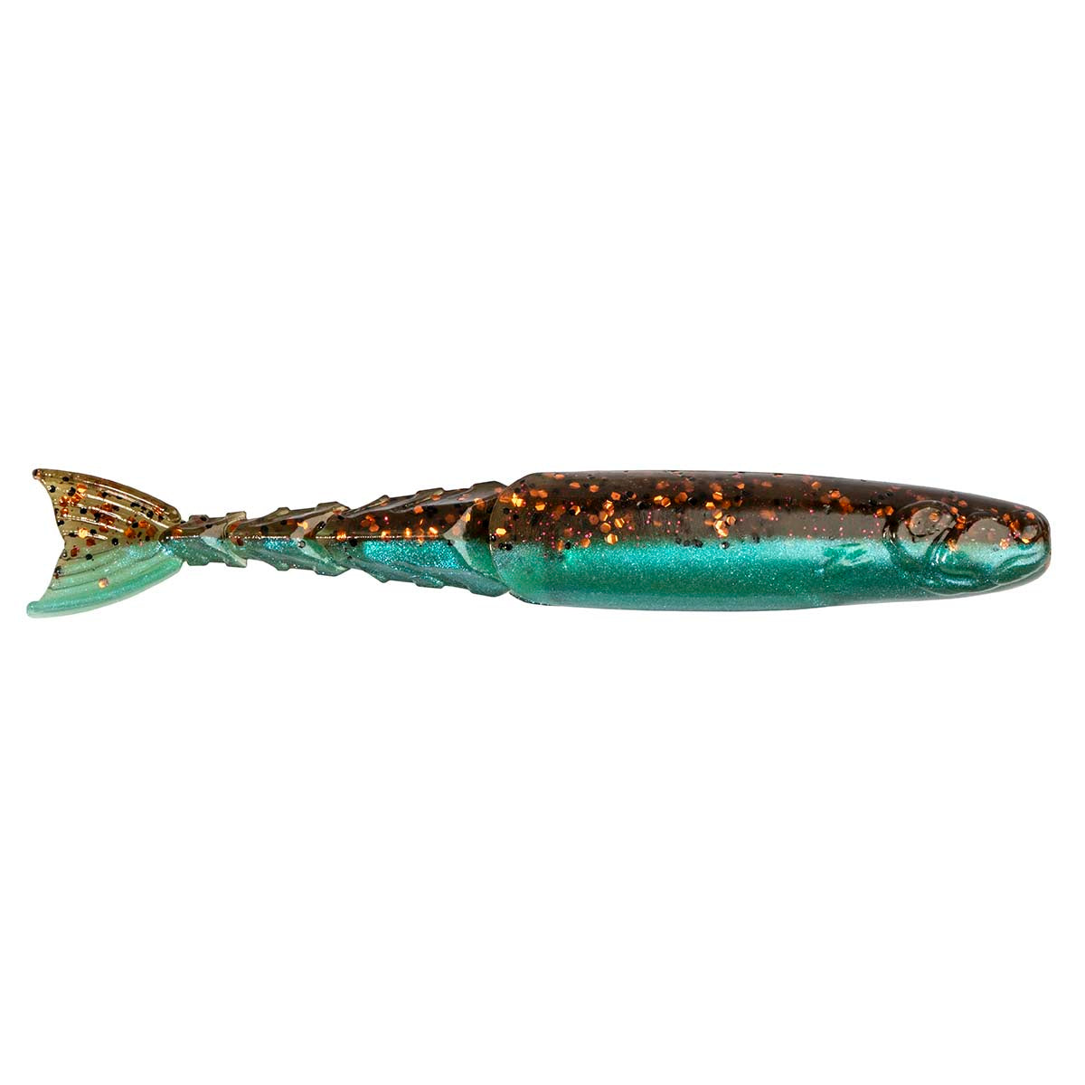Teal fishing lure with dark speckles and gold-toned head