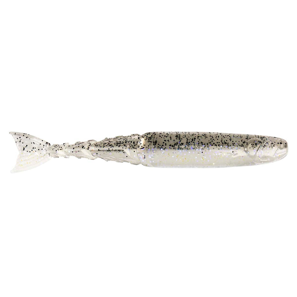 White and light gray speckled fishing lure with dark spots along the top and fin tail