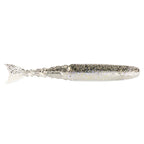 White and light gray speckled fishing lure with dark spots along the top and fin tail