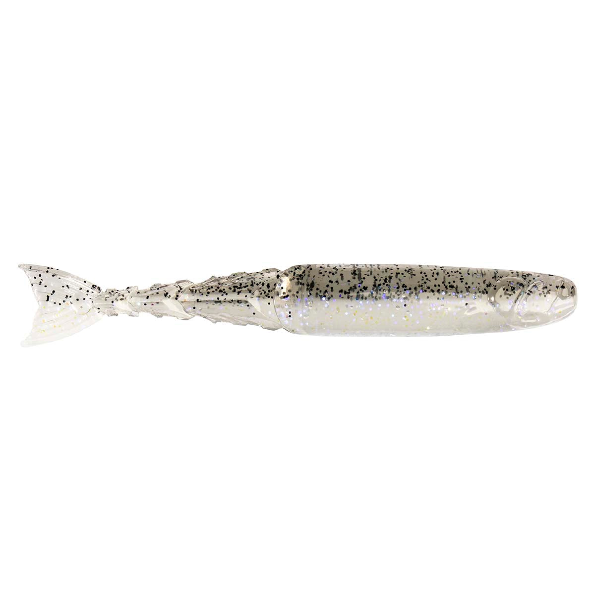 White fishing lure with gray speckles and translucent tail fins