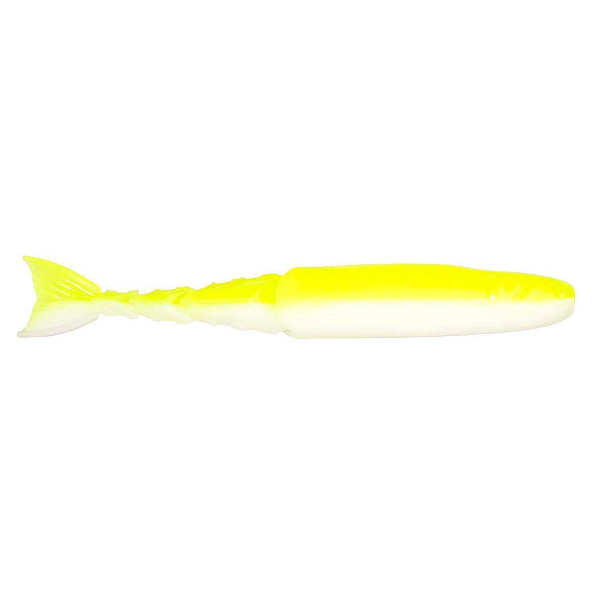 Neon yellow fishing lure with pale underside and small fin tail