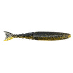 Dark shad-style soft fishing lure with gold glitter speckles and yellow fin tail