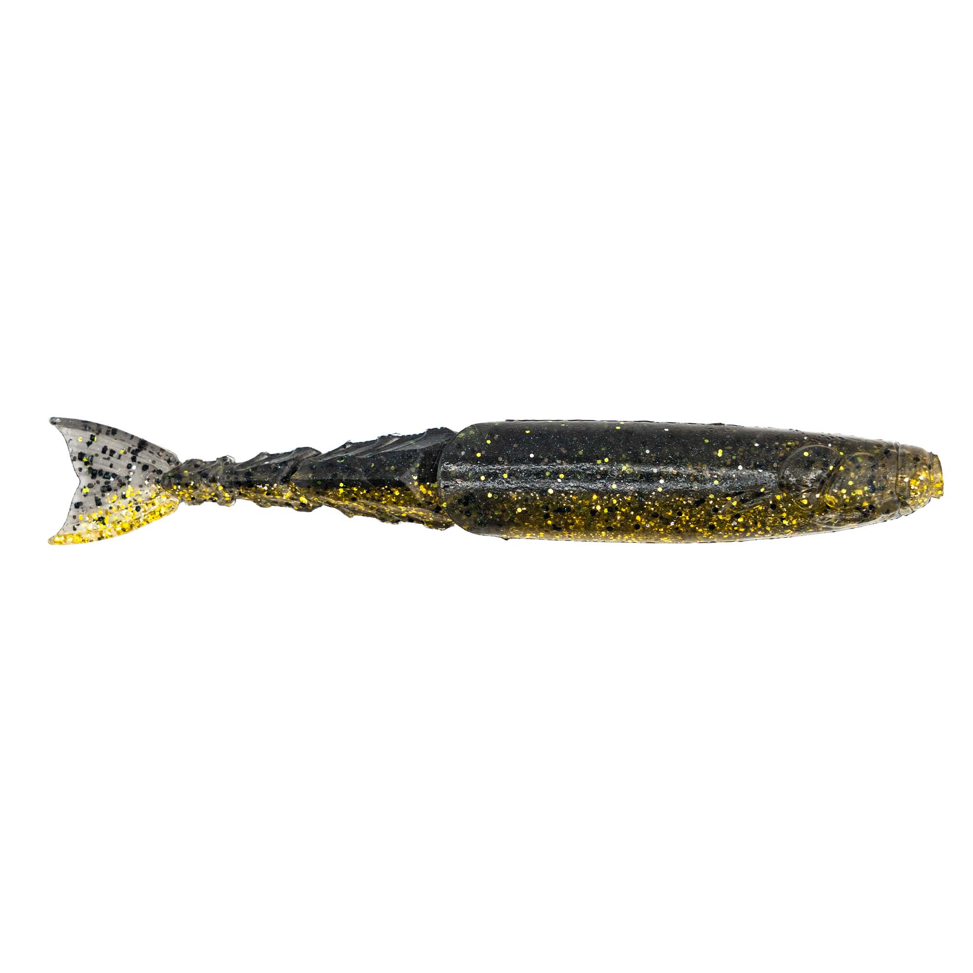 Dark shad-style soft fishing lure with gold glitter speckles and yellow fin tail