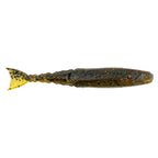 Olive brown speckled soft fishing lure with yellow fin tail and slender body