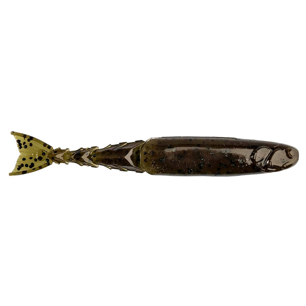 Dark brown and olive speckled fishing lure with light fin tail