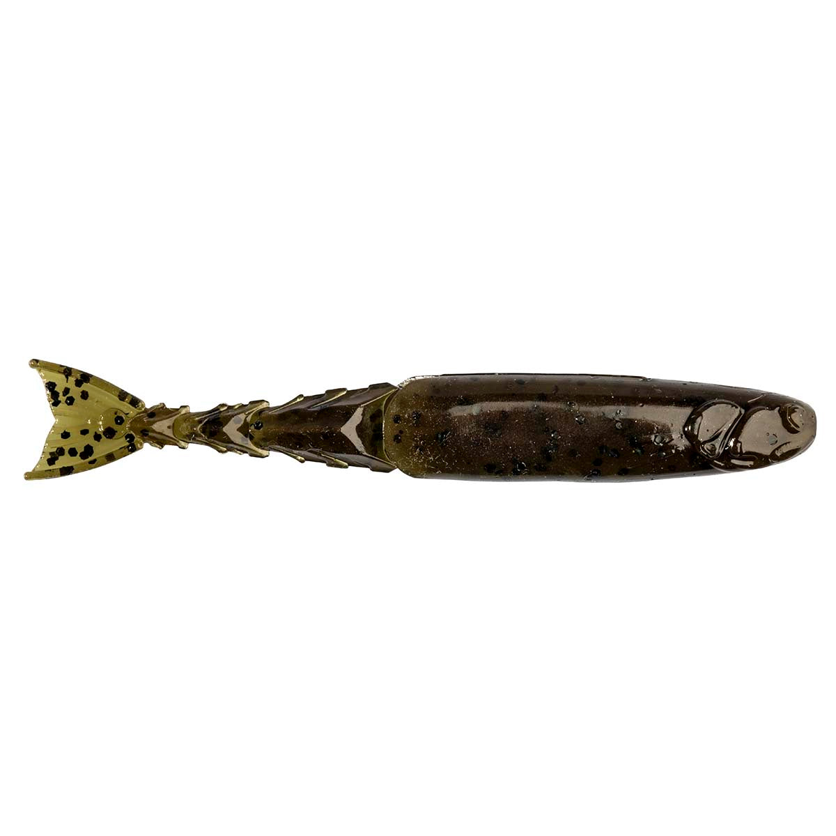 Dark brown and olive speckled fishing lure with light fin tail