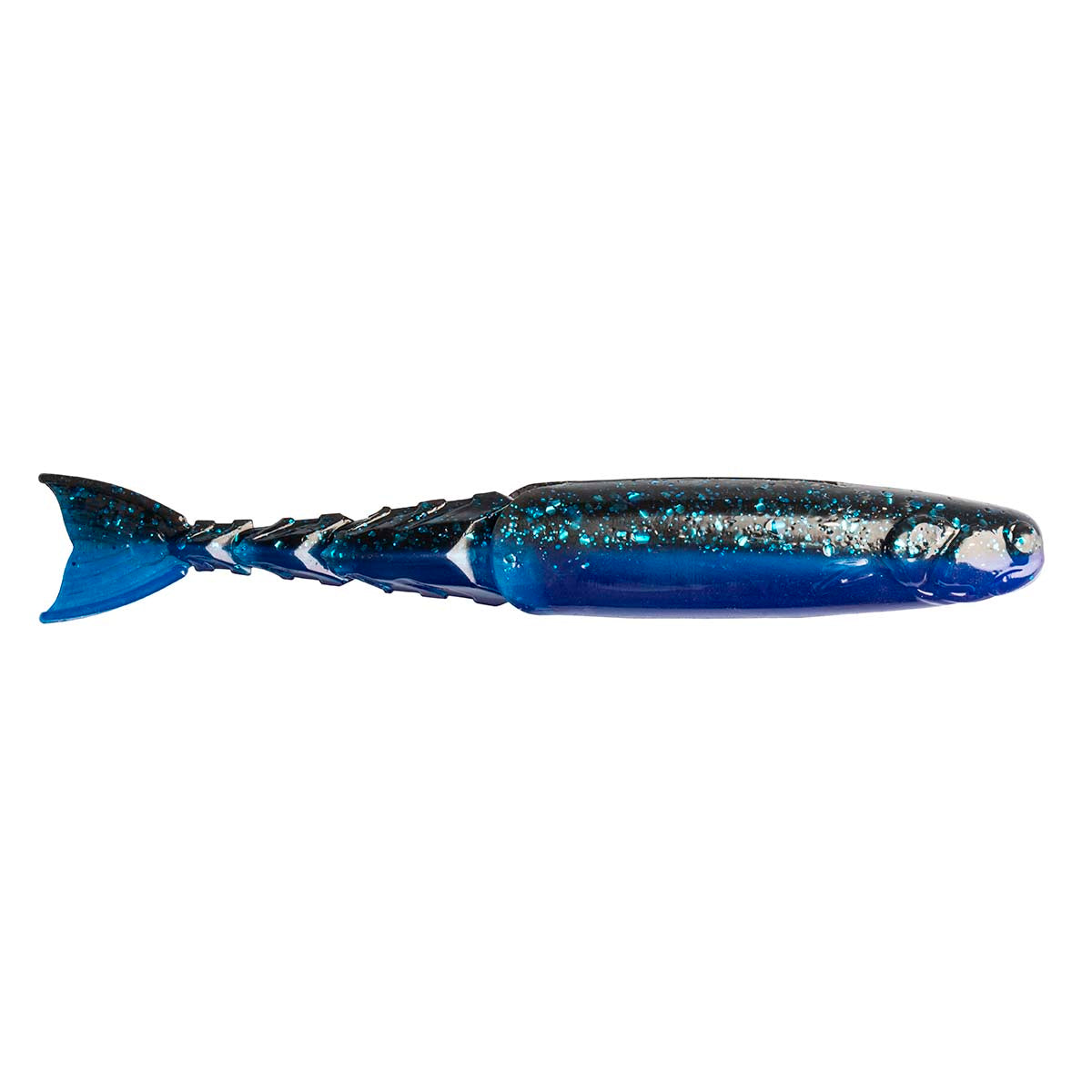 Blue fishing lure with glittery body and dark blue tail