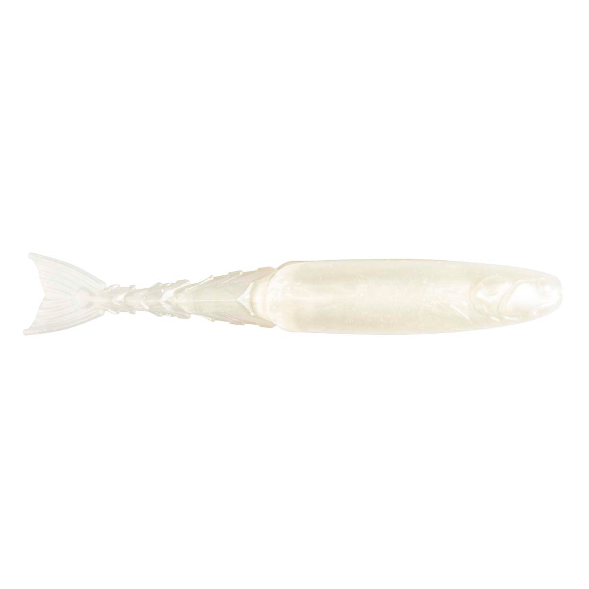 White fishing lure with faint gray shading and fin tail
