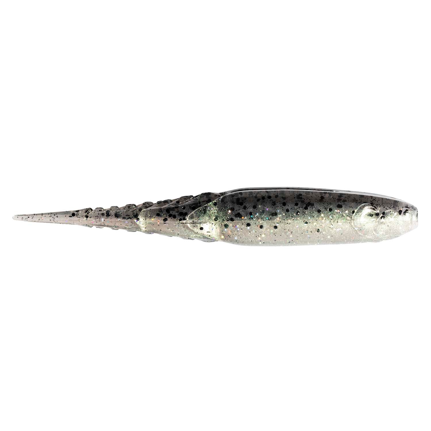 Metallic silver-gray fishing lure with dark mottled back and speckled finish