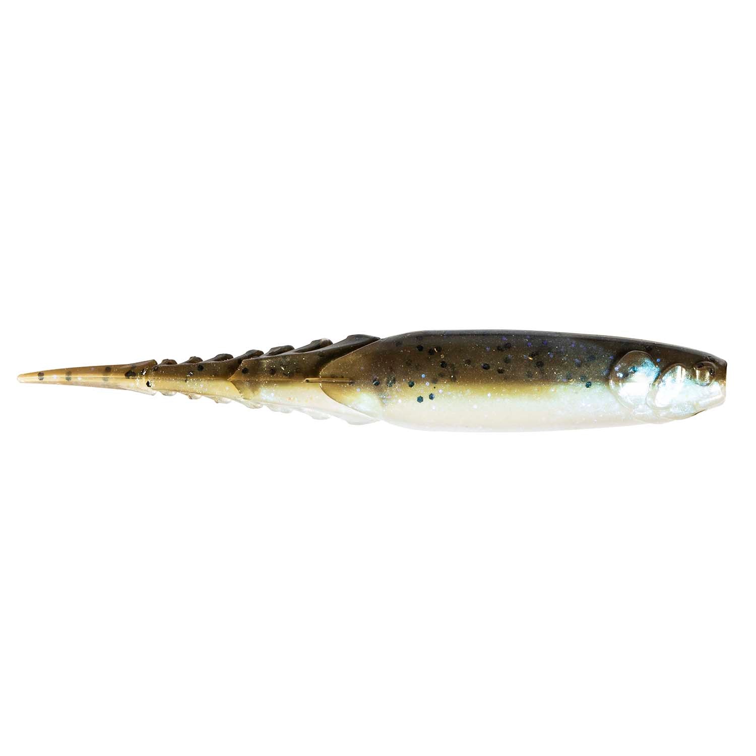 Olive-brown fishing lure with yellow belly and speckled dark spots