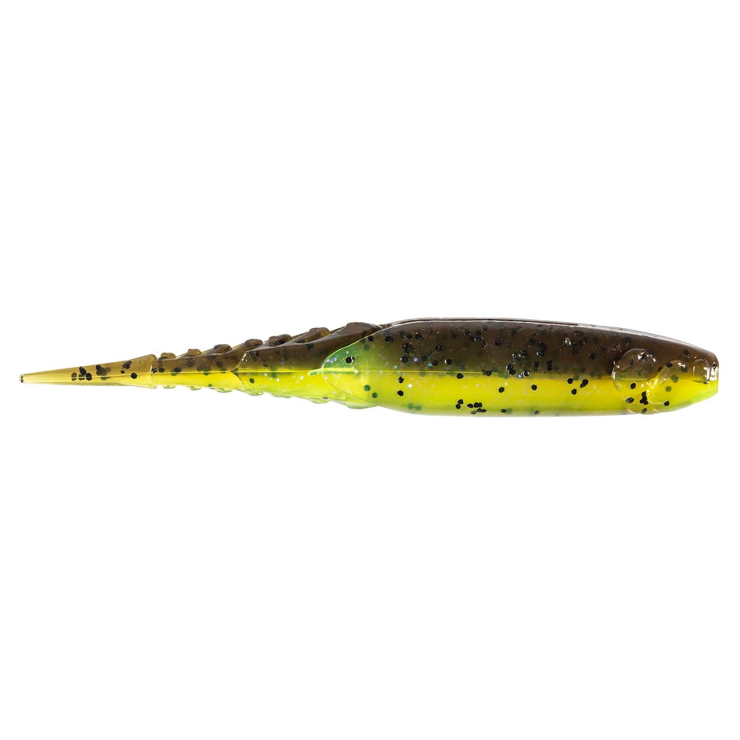 Bright chartreuse fishing lure with dark speckles and olive-brown back