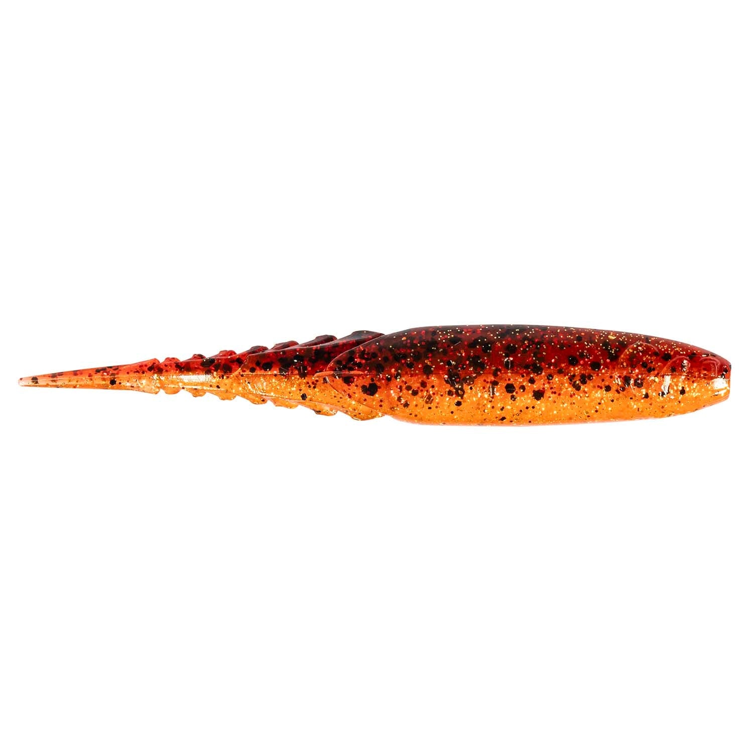 Orange-red fishing lure with dark speckled back and orange tinted head and tail