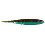 Black-brown fishing lure with green-teal metallic sides and orange speckles