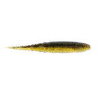 Green and gold speckled fishing lure with dark top and slender tail