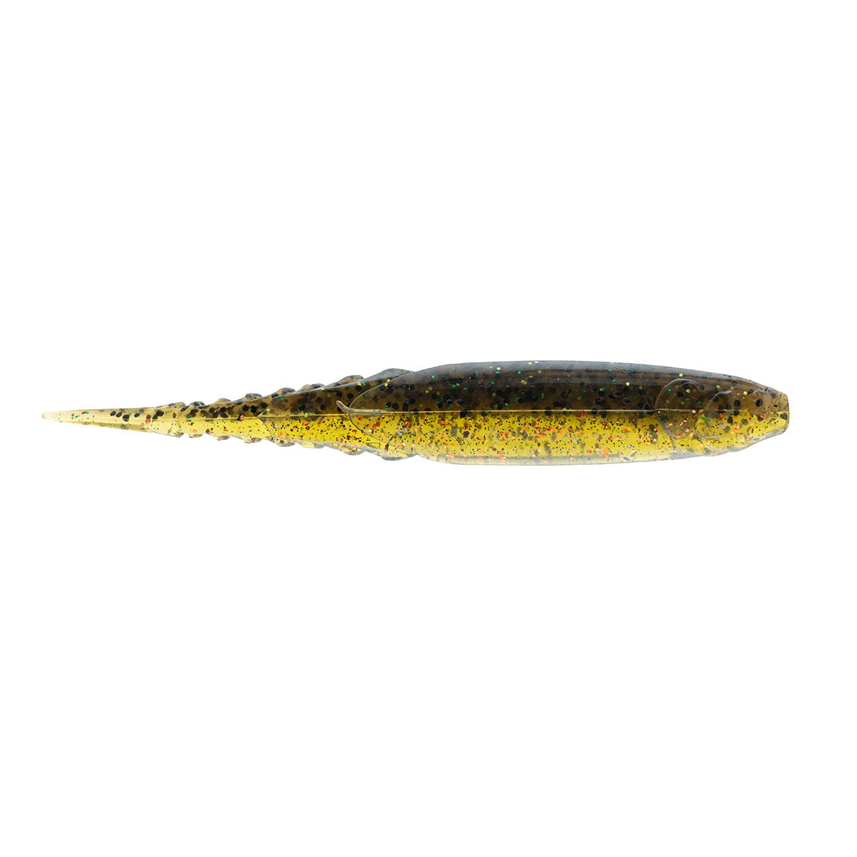 Green and gold speckled fishing lure with dark top and slender tail