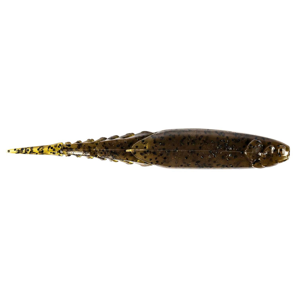 Olive-brown fishing lure with dark speckling and yellow-gold head highlights
