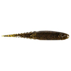 Olive-brown fishing lure with dark speckling and yellow-gold head highlights