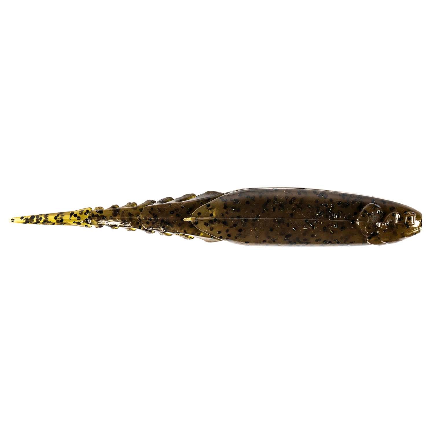 Olive-brown fishing lure with dark speckling and yellow-gold head highlights