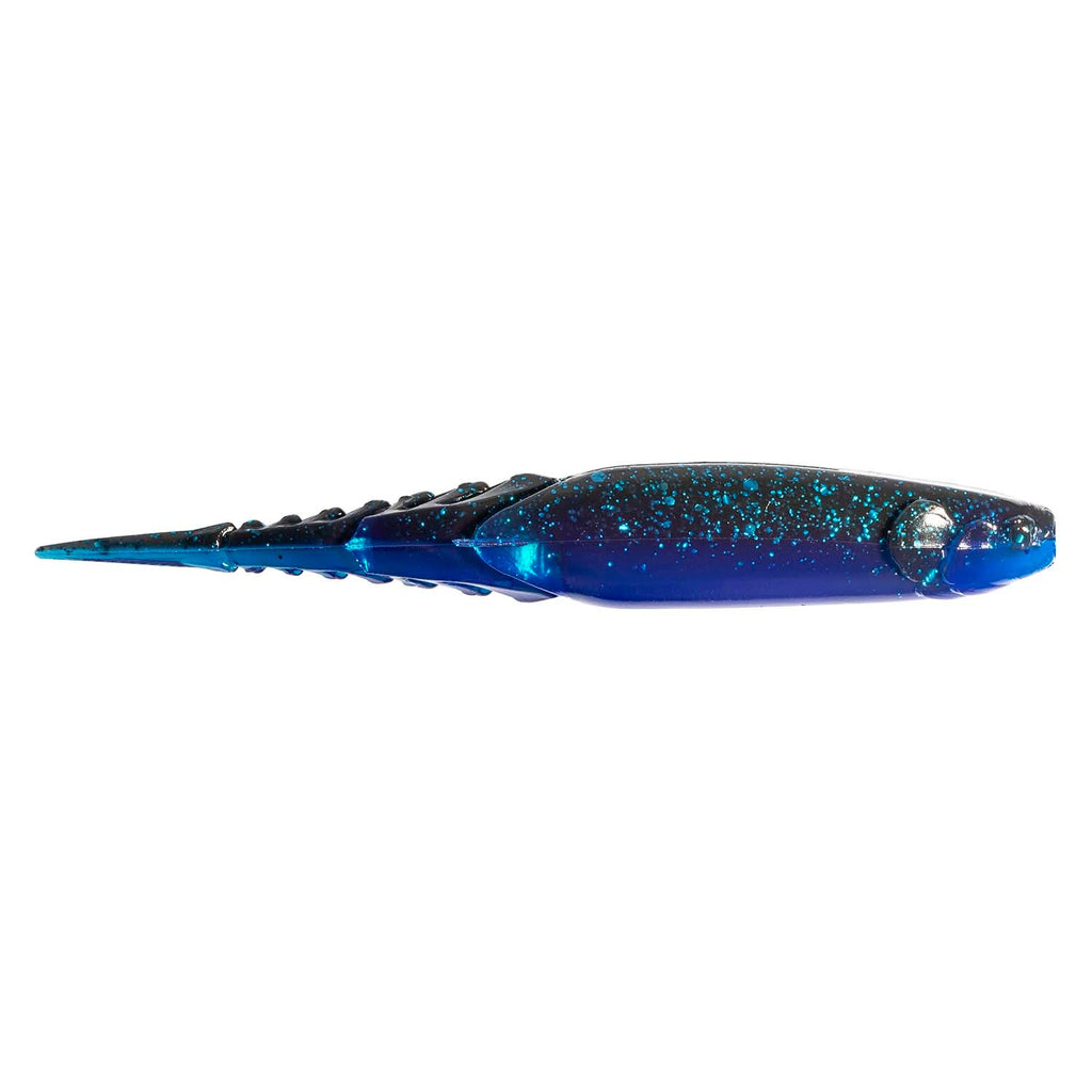 Deep blue fishing lure with teal highlights and glittery speckled pattern