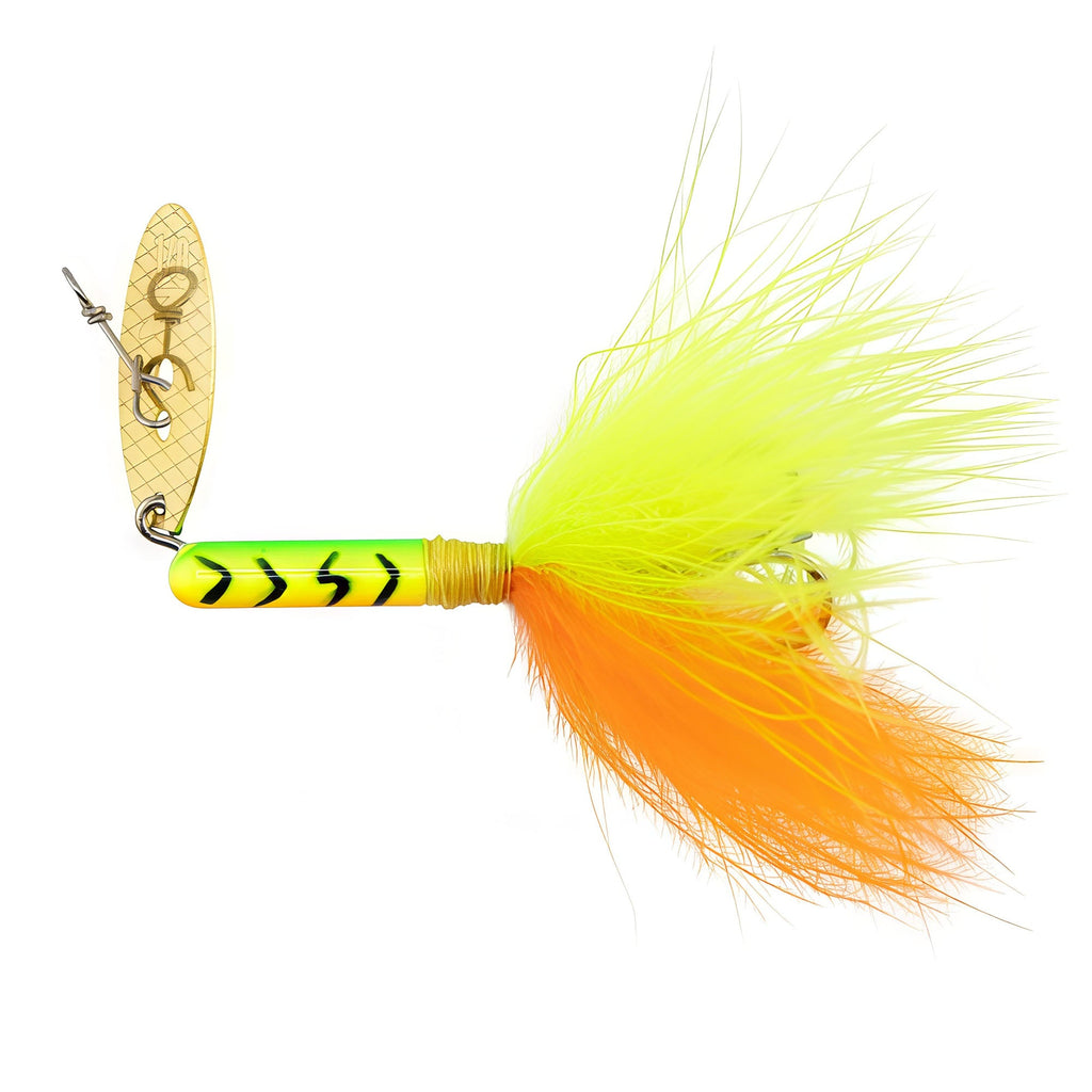 Fishing lure with gold blade, neon chartreuse body, and yellow-orange feather skirt