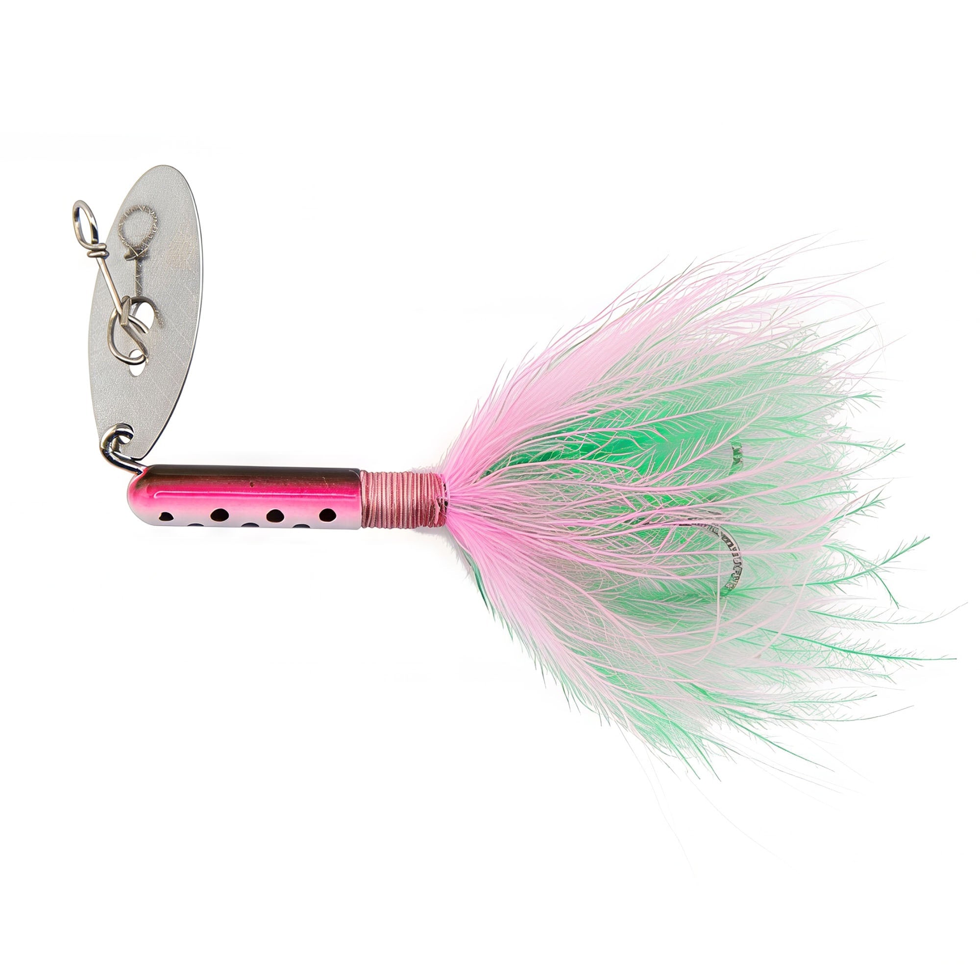 ChatterTail fishing lure: silver blade, pink-green skirt, pink body with dots
