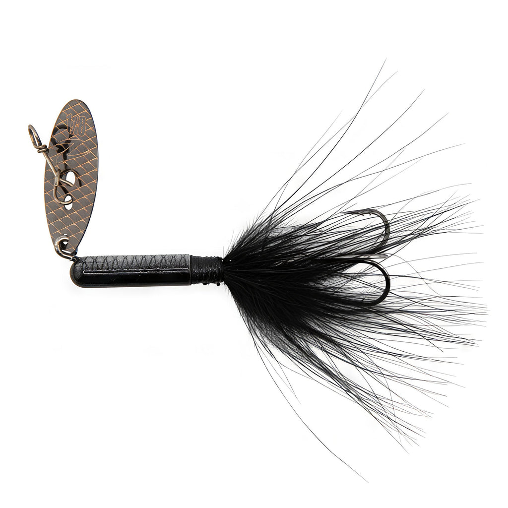 ChatterTail fishing lure: patterned dark blade, black skirt, black body with hook