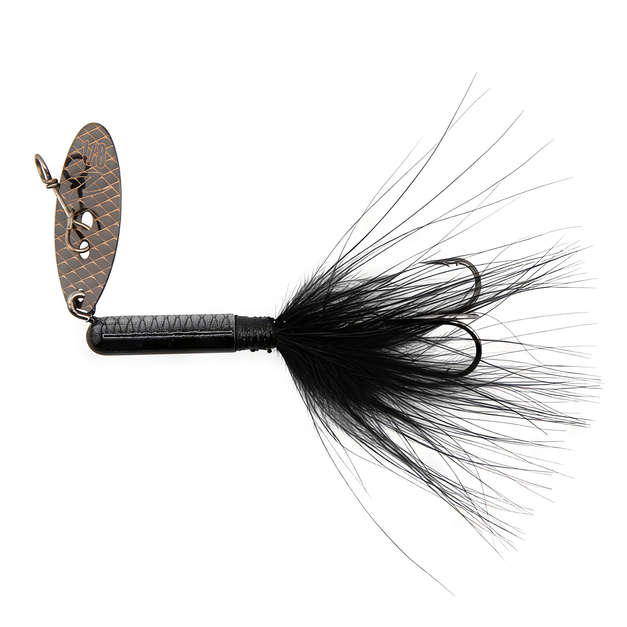ChatterTail fishing lure: patterned dark blade, black skirt, black body with hook