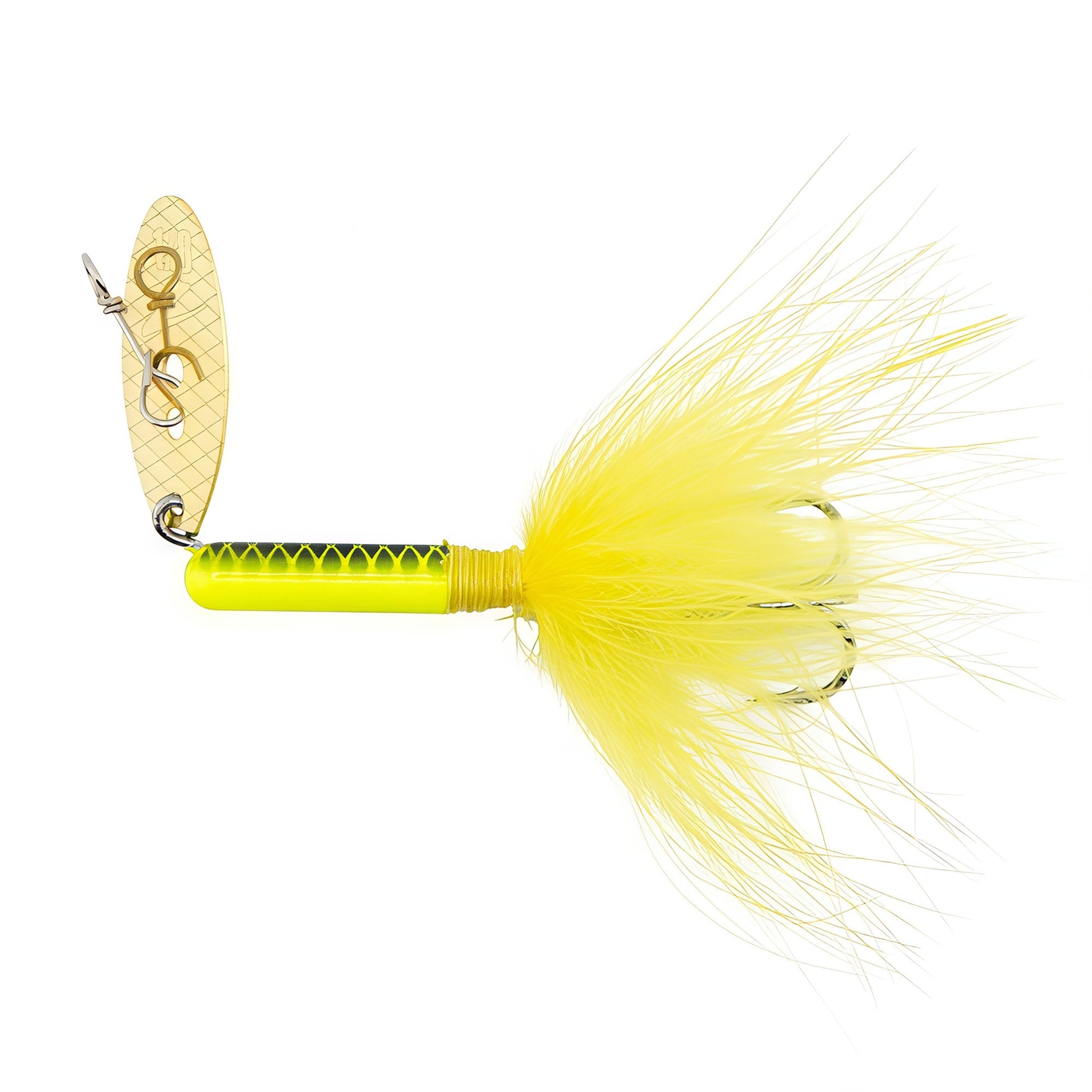 ChatterTail fishing lure: gold blade, bright yellow skirt, yellow body with ridged grip