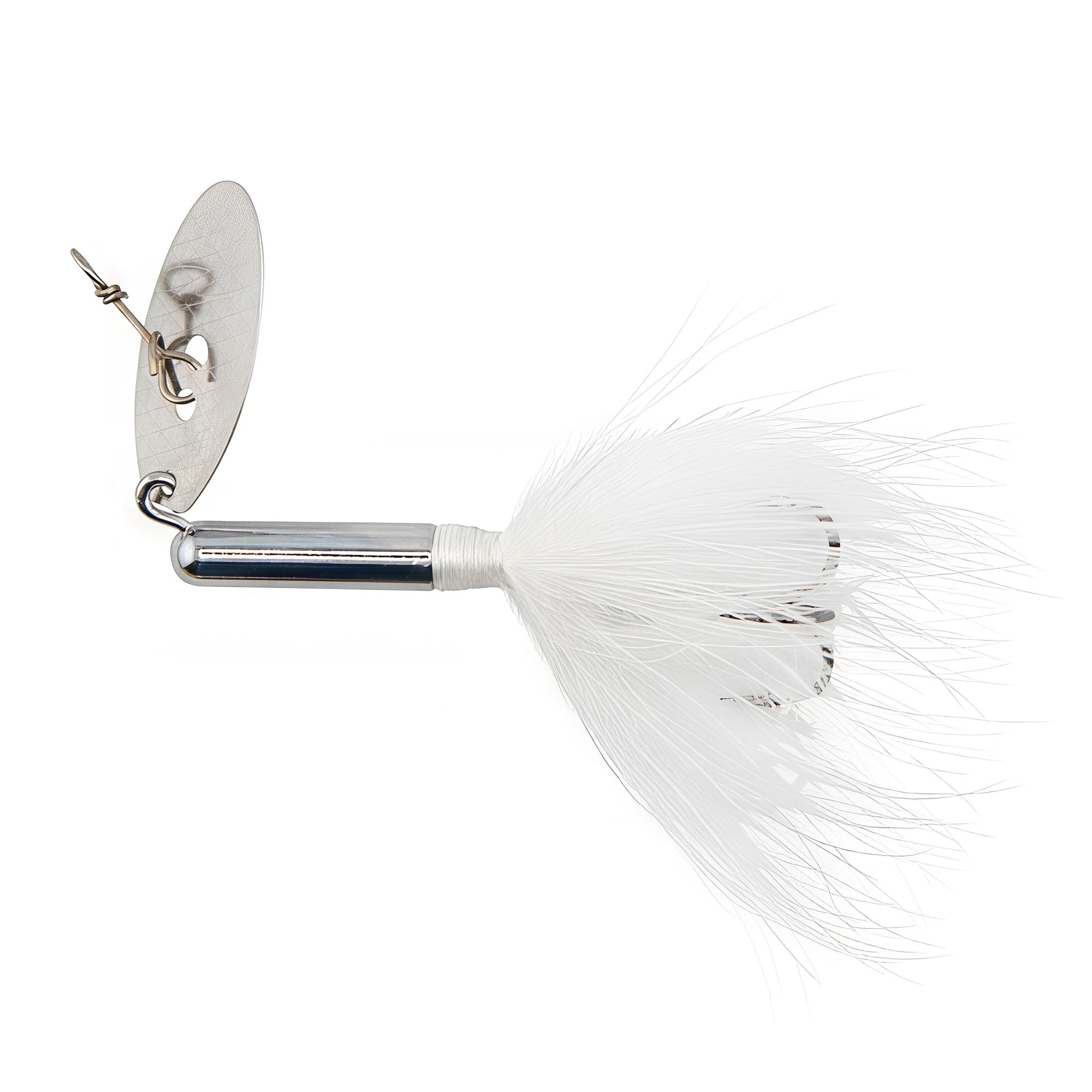 White fishing lure with silver spinner blade and white feather skirt.