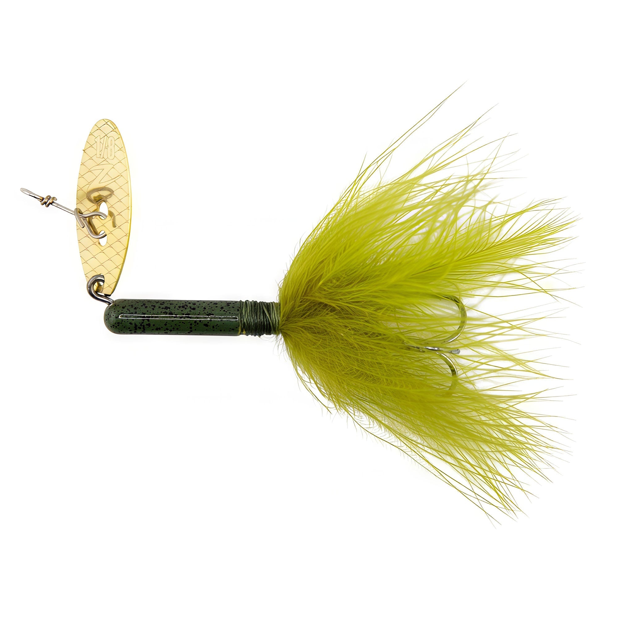 ChatterTail fishing lure: gold blade, chartreuse skirt, dark body with textured handle