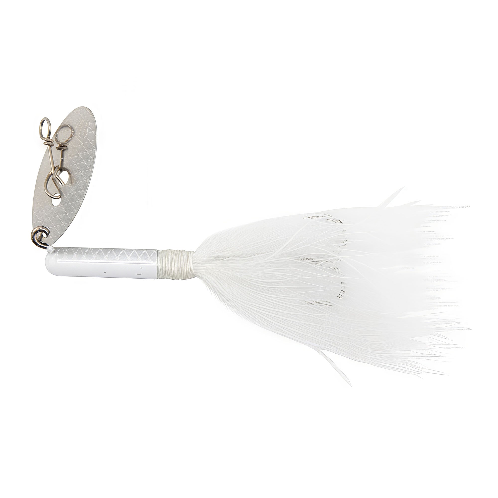 Fishing lure with gray blade, silver body, and white feather skirt tail