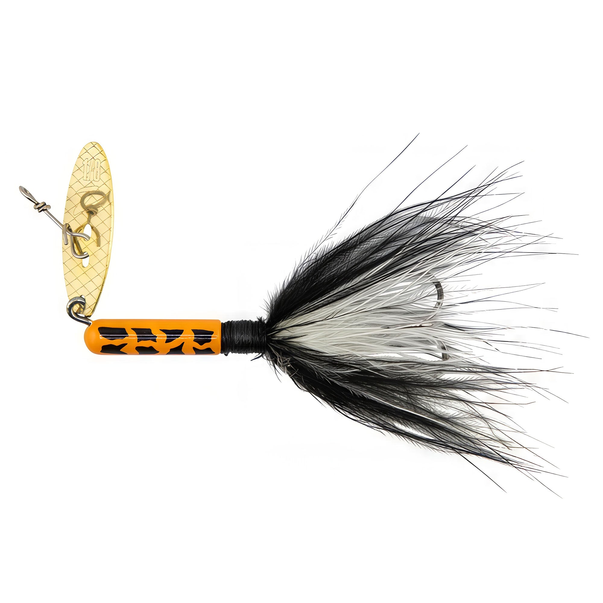 Fishing lure with gold blade, orange body, and black feather skirt tail