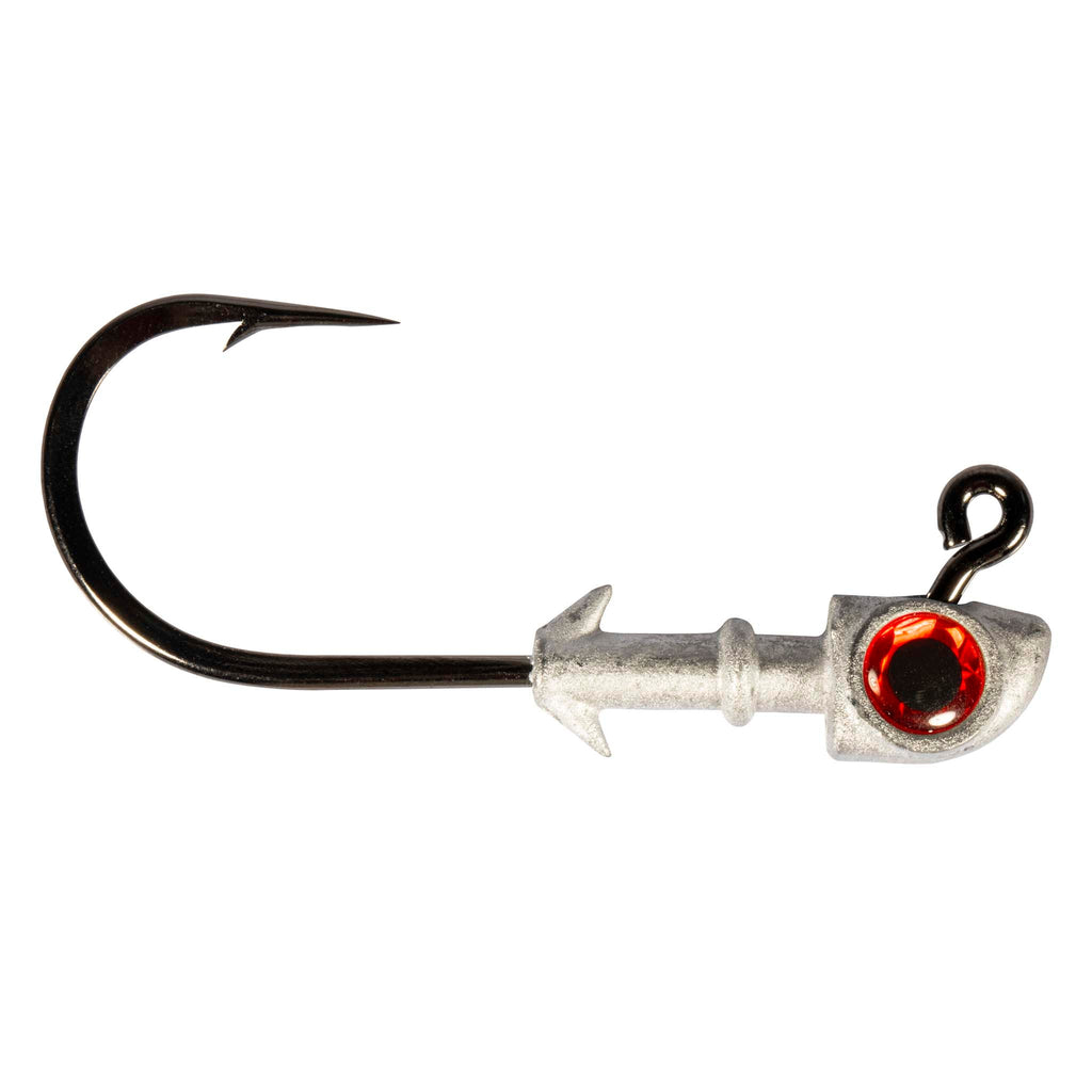 Fishing jighead with black hook, silver head, and red eye