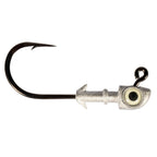 Fishing jighead with black hook, silver head, and chartreuse/olive eye