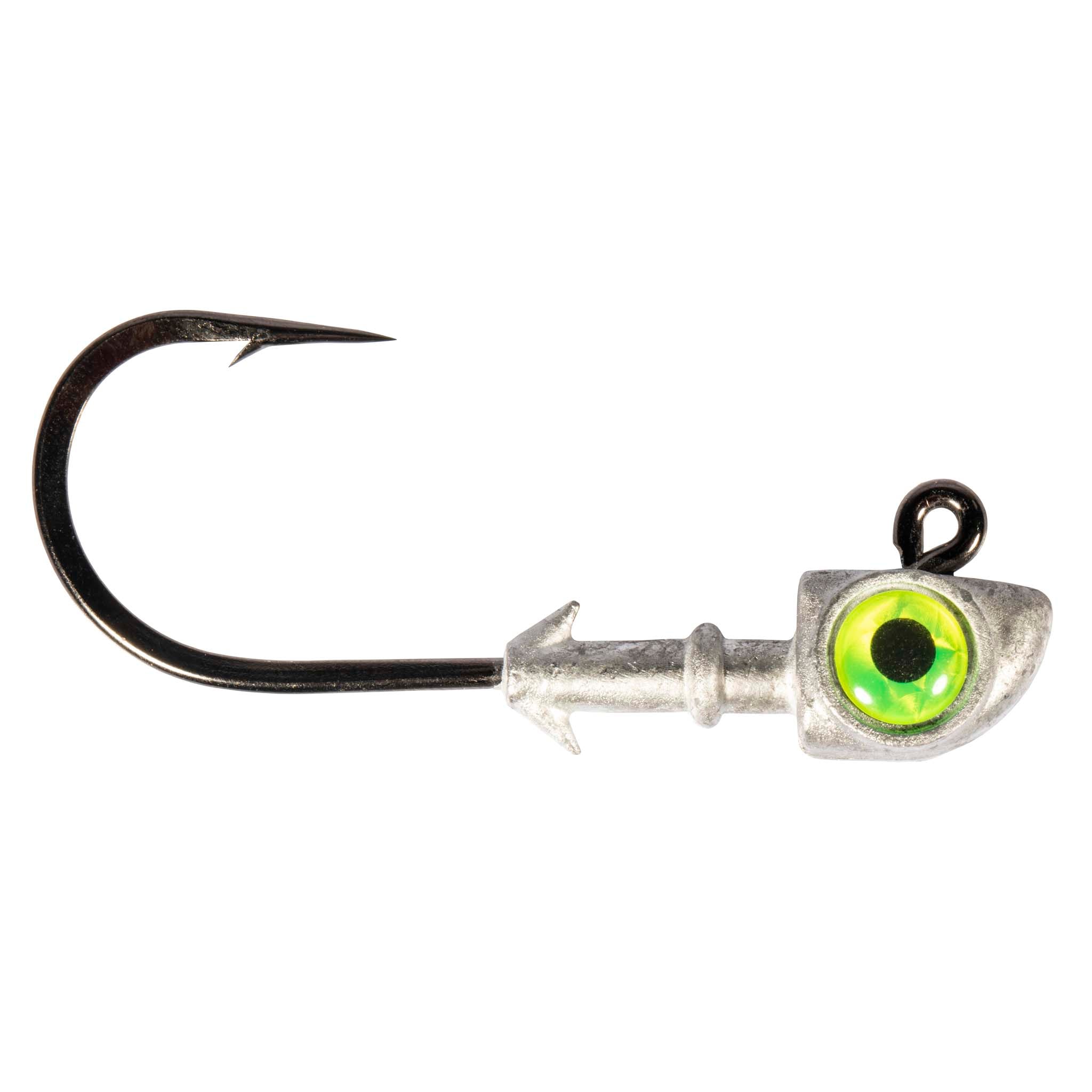 Fishing jighead with black hook, silver head, and green neon eye