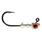 Fishing jighead with black hook, silver head, and red eye