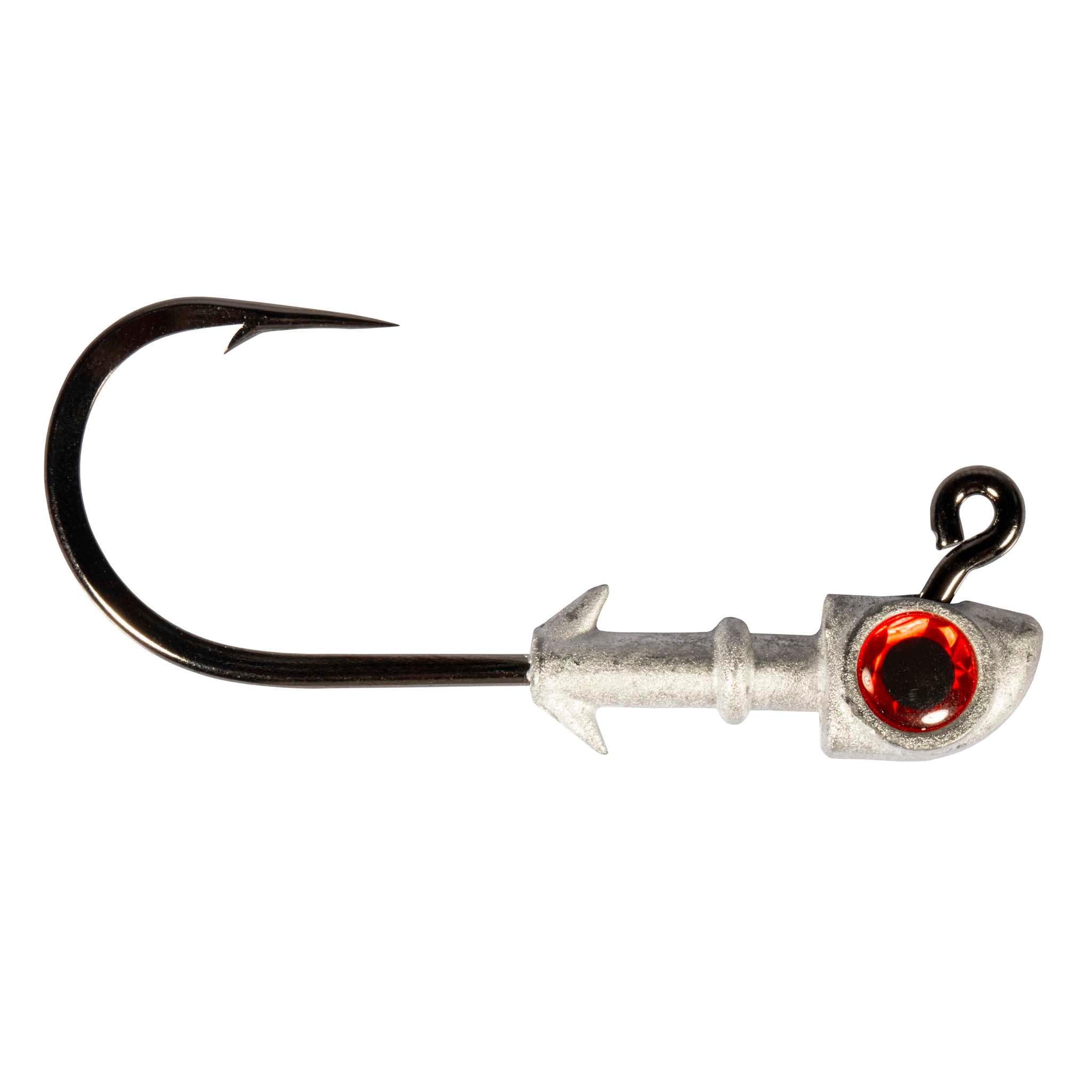 Fishing jighead with black hook, silver head, and red eye
