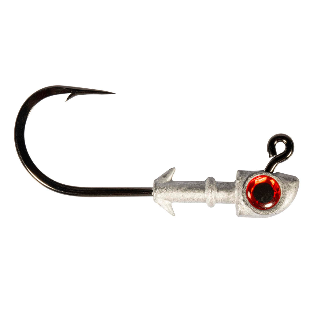 Fishing jighead with black hook, silver head, and red eye