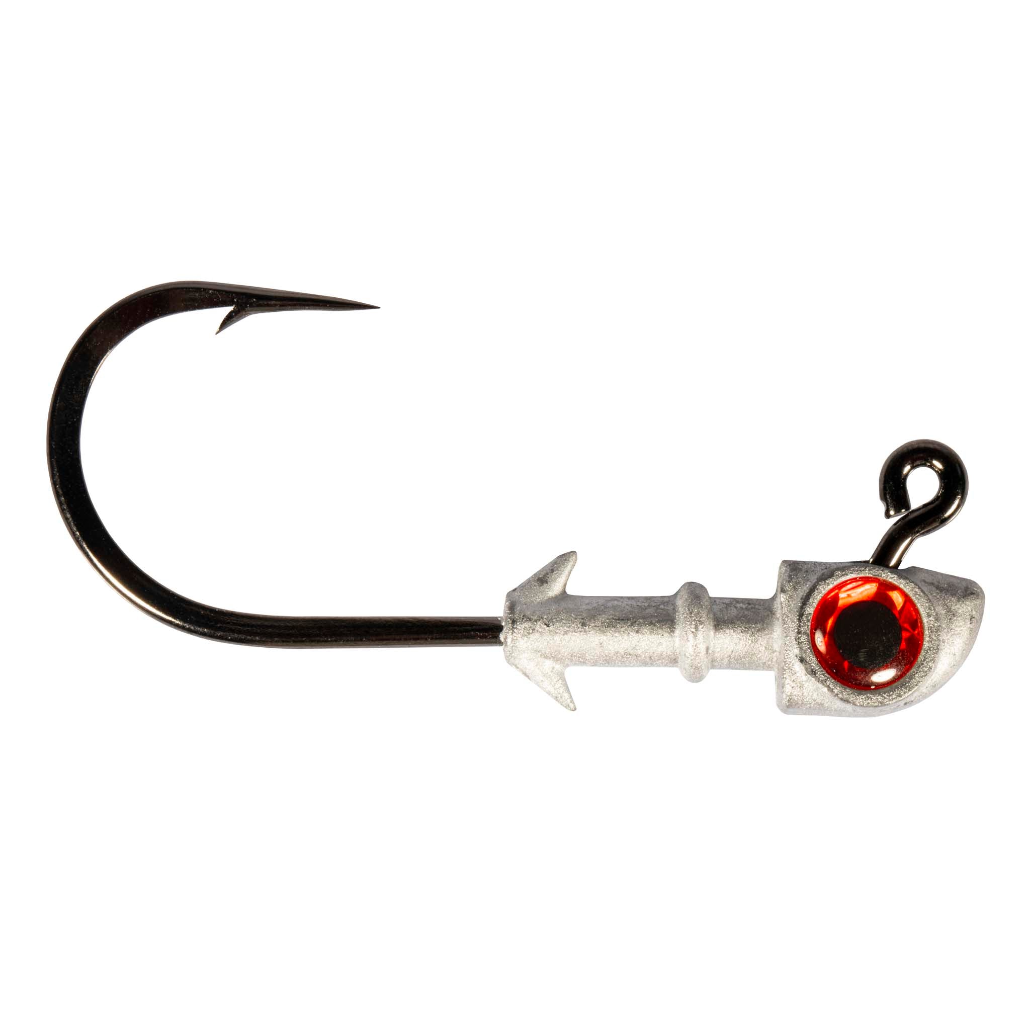 Fishing jighead with black hook, silver head, and red eye