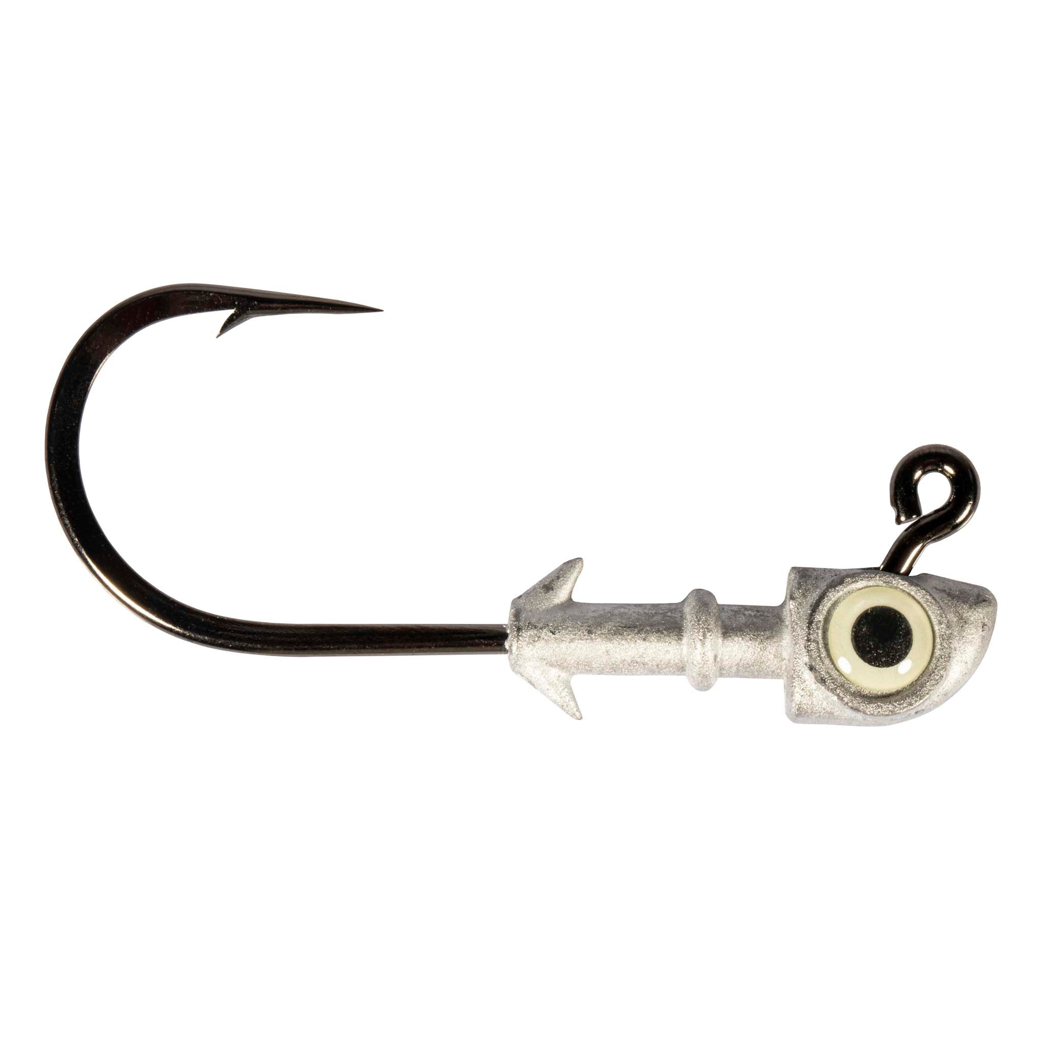 Fishing jighead with black hook, silver head, and chartreuse/olive eye
